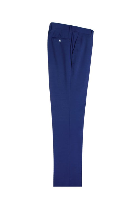 Tiglio Luxe French Blue Flat Front Dress Pants, crafted from pure wool, feature a side view with one back pocket and a button, presenting a modern fit.