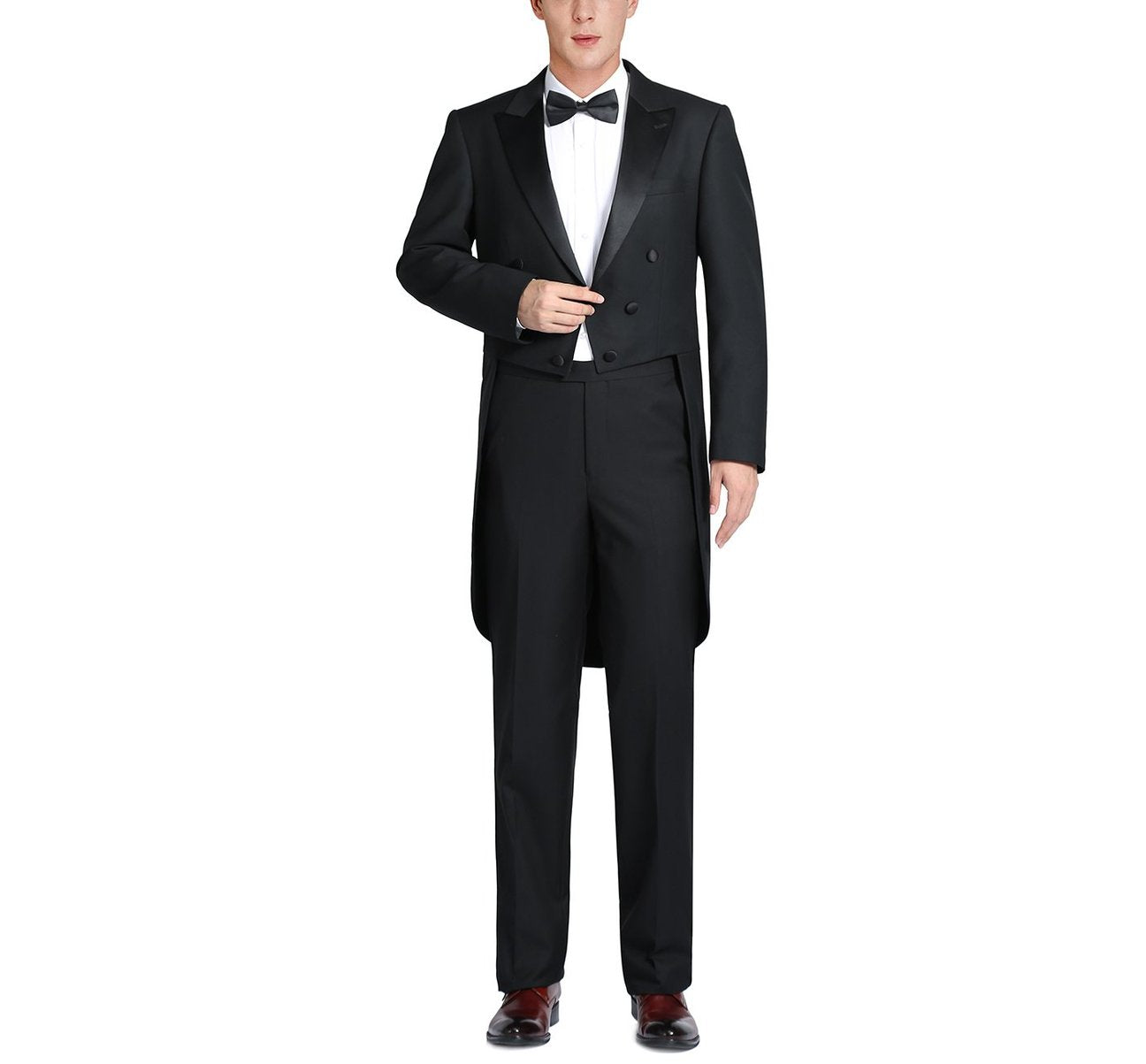 Set against a white background, this Alessandro Vitello by Renoir black full dress suit is perfect for formal events. The elegant design features luxurious satin peak lapels, lending a sophisticated touch to the timeless attire.