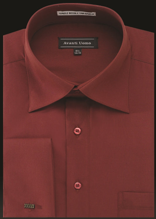 A men's dress shirt from AVANTI UOMO, in a fire brick color, featuring a collar, buttons, and a front pocket, with "Avanti Uomo French Cuff Dress Shirt DN32M" on the tag.