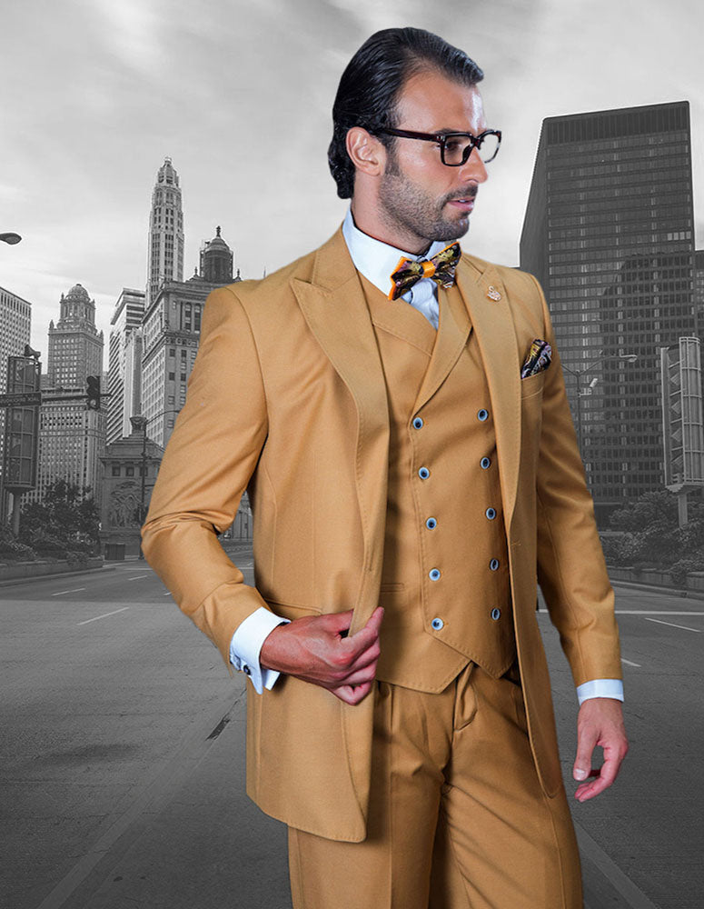 A man confidently stands on an empty urban street, with skyscrapers in the background, wearing the FLORENCE-CAMEL three-piece suit from Statement Clothing.