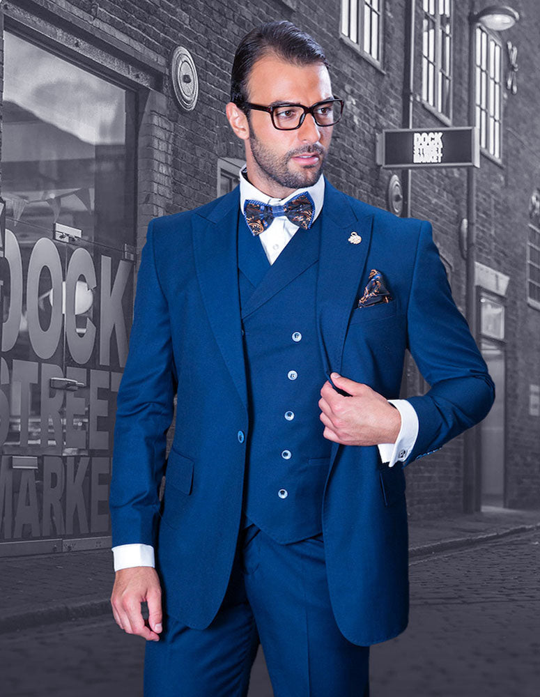 A man in a three-piece suit from Statement Clothing's Florence-Sapphire collection.