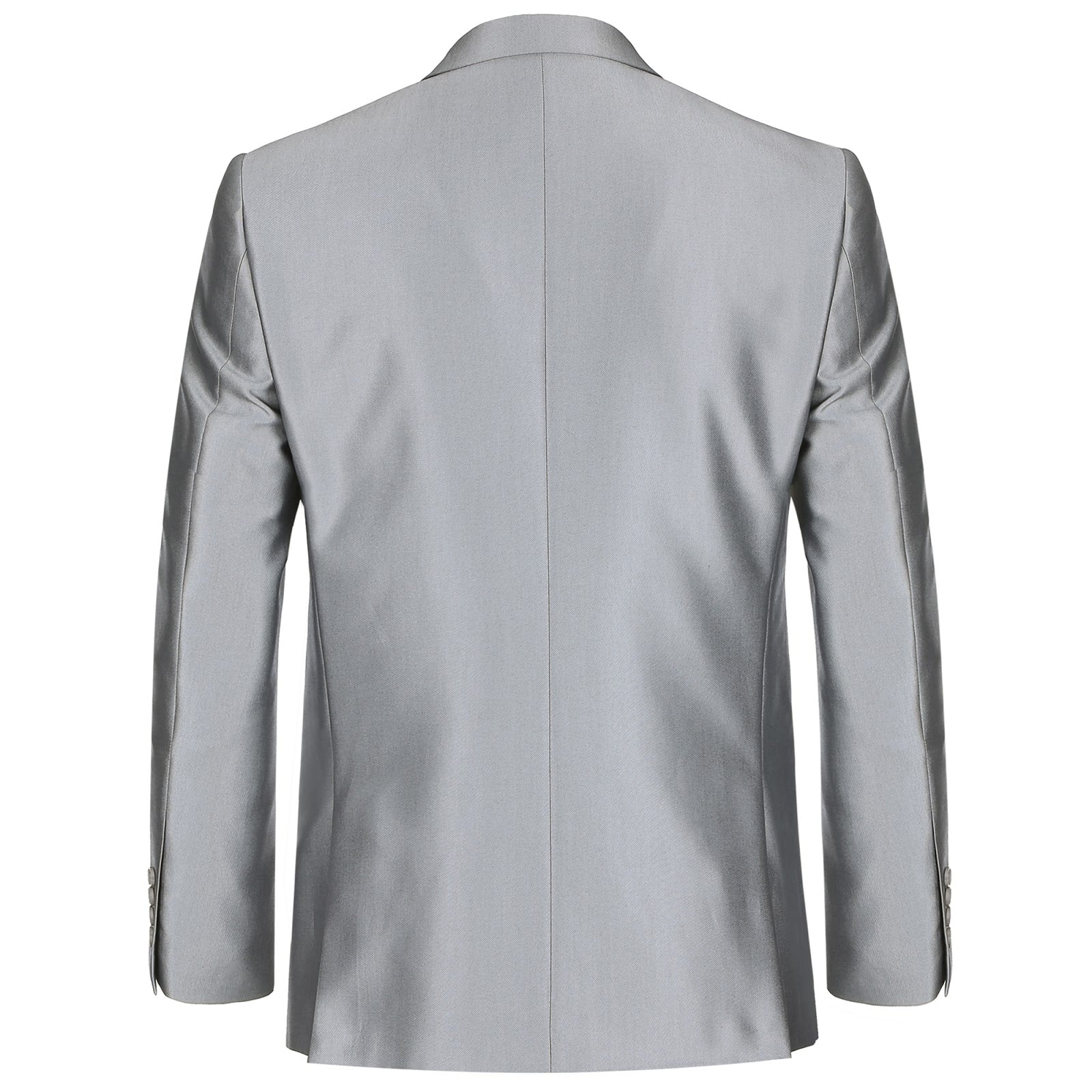 The Renoir Alessandro Vitello by Renoir Sharkskin Classic Fit Italian Styled Two Piece Suit 207-2 in a metallic silver shade, including a two-button notch lapel blazer and matching trousers, is elegantly showcased against a white background—ideal for special occasions.