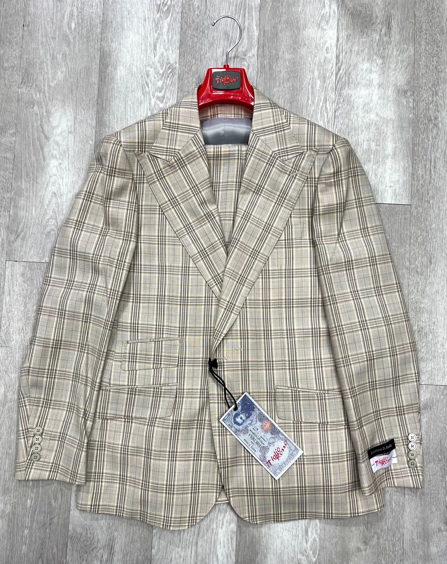 Tiglio Rosso Orvietto Light Brown Plaid Wool Suit/Vest TL3119 (Single Pleated Regular Fit) (SIZE 52R ONLY)