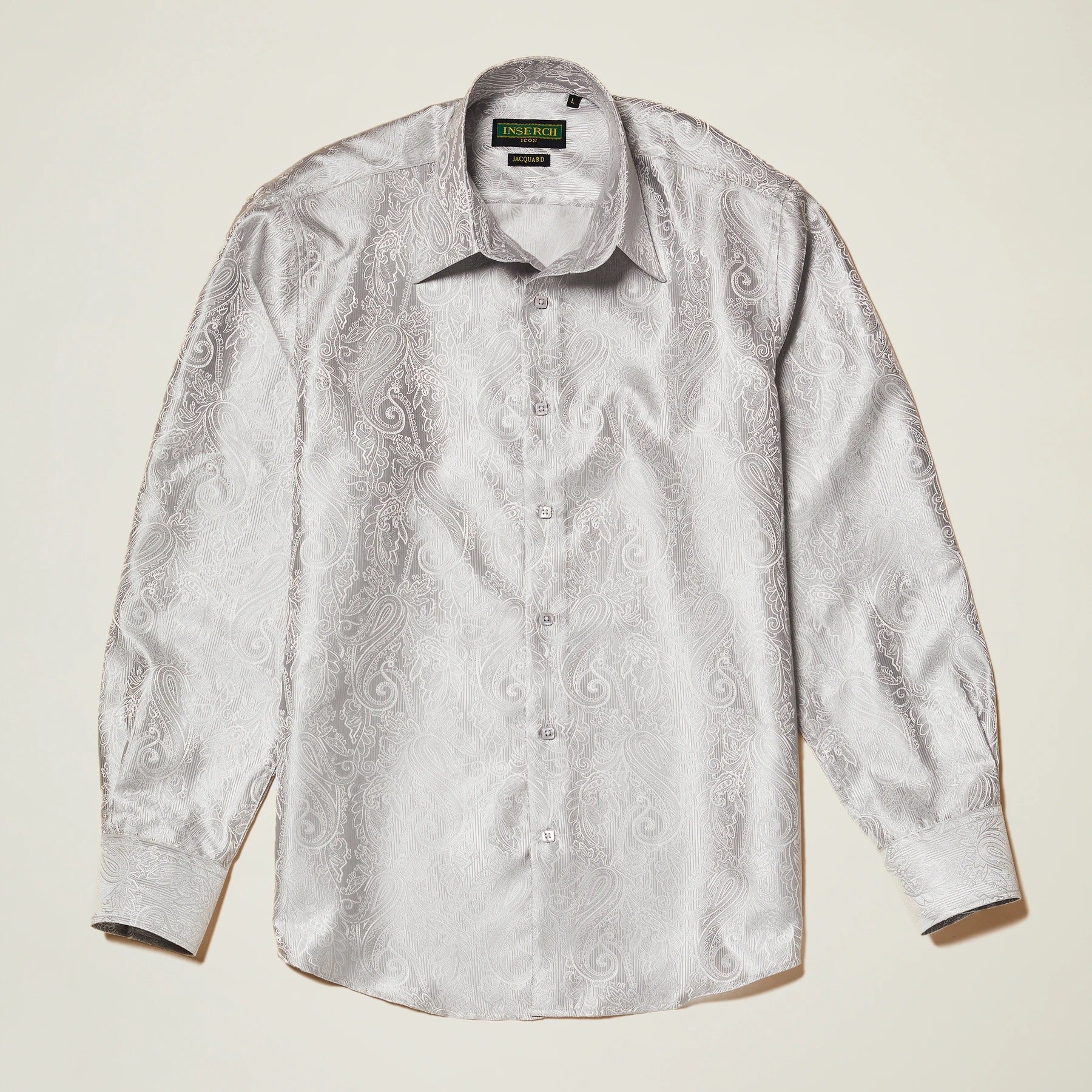 Light gray paisley jacquard-patterned long-sleeve dress shirt by Inserch, featuring a collar and French cuffs, buttoned down the front for an elegant evening look.