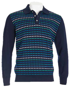 Inserch Multicolor Pixel Pattern Intarsia Polo Sweater 442-44 Storm Blue