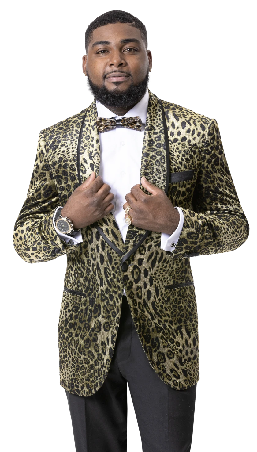 A man confidently stands in the EJ Samuel Leopard Blazer J125, a limited-edition shawl-collar suit jacket in leopard print, paired with a white shirt and velvet bow tie.