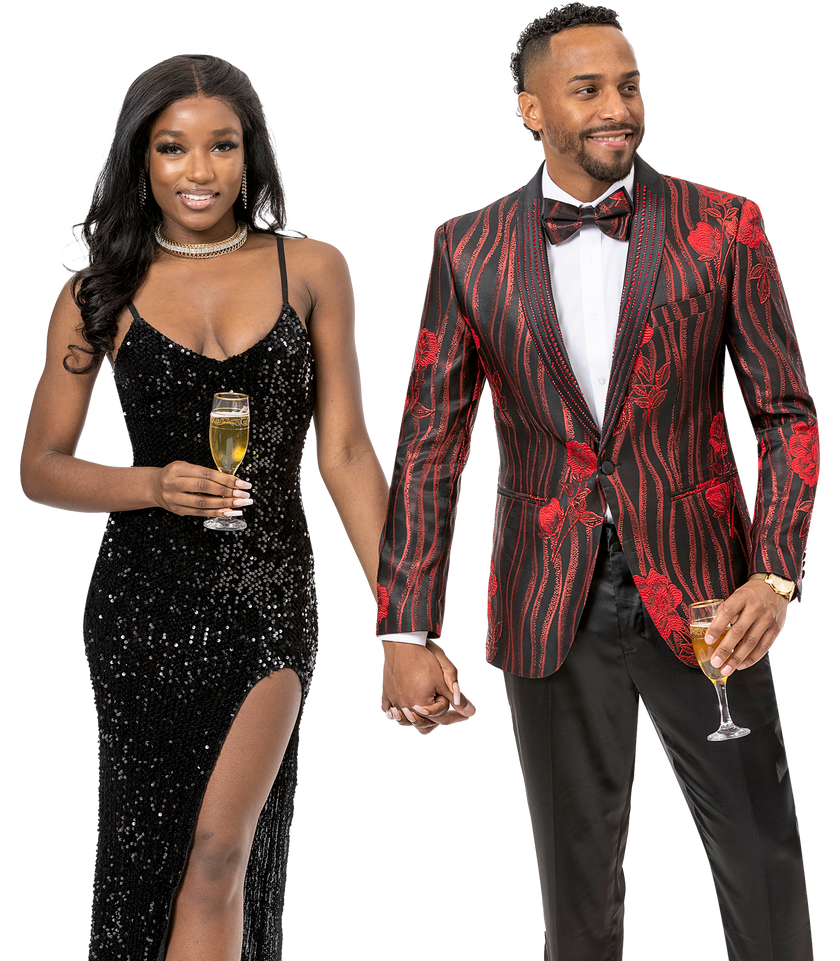 In the spotlight, a couple in formal attire captivates the room; the woman dazzles in a black sequined dress, while the man leaves an impression with his EJ Samuel Blk/Red Blazer J152 from EJ SAMUEL, accented by a coordinating bowtie. Together they elegantly share a moment with champagne glasses in hand.