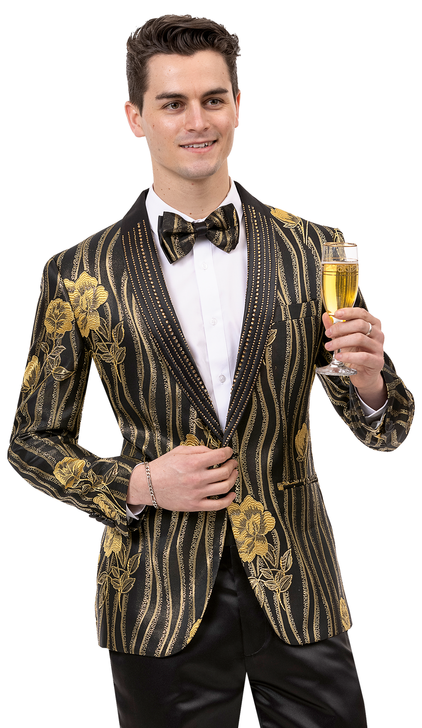 Dressed in the EJ Samuel Blk/Gold Blazer J154 from EJ SAMUEL and an elegant bowtie, a person holds a glass of champagne, smiling warmly.