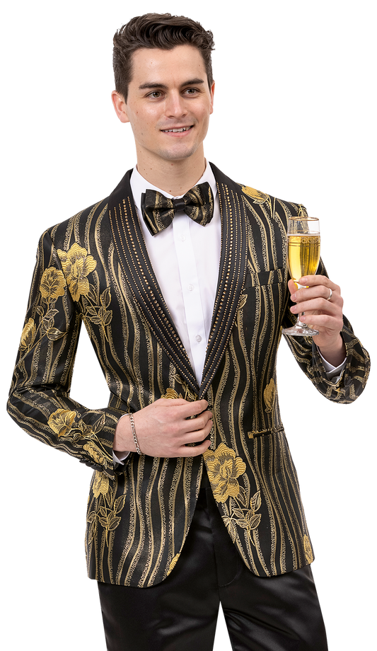 Dressed in the EJ Samuel Blk/Gold Blazer J154 from EJ SAMUEL and an elegant bowtie, a person holds a glass of champagne, smiling warmly.