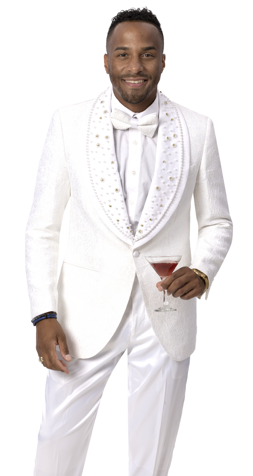 A man in an EJ Samuel White Blazer J169 and bowtie holds a cocktail in a glass.