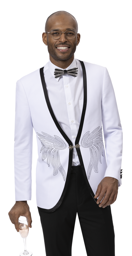 A man in an elegant EJ Samuel White Blazer J172, embellished with intricate designs and paired with a bow tie, holding a glass.