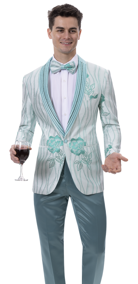 An individual wearing the EJ Samuel Teal Blazer J182 by EJ SAMUEL is holding a glass of red wine.