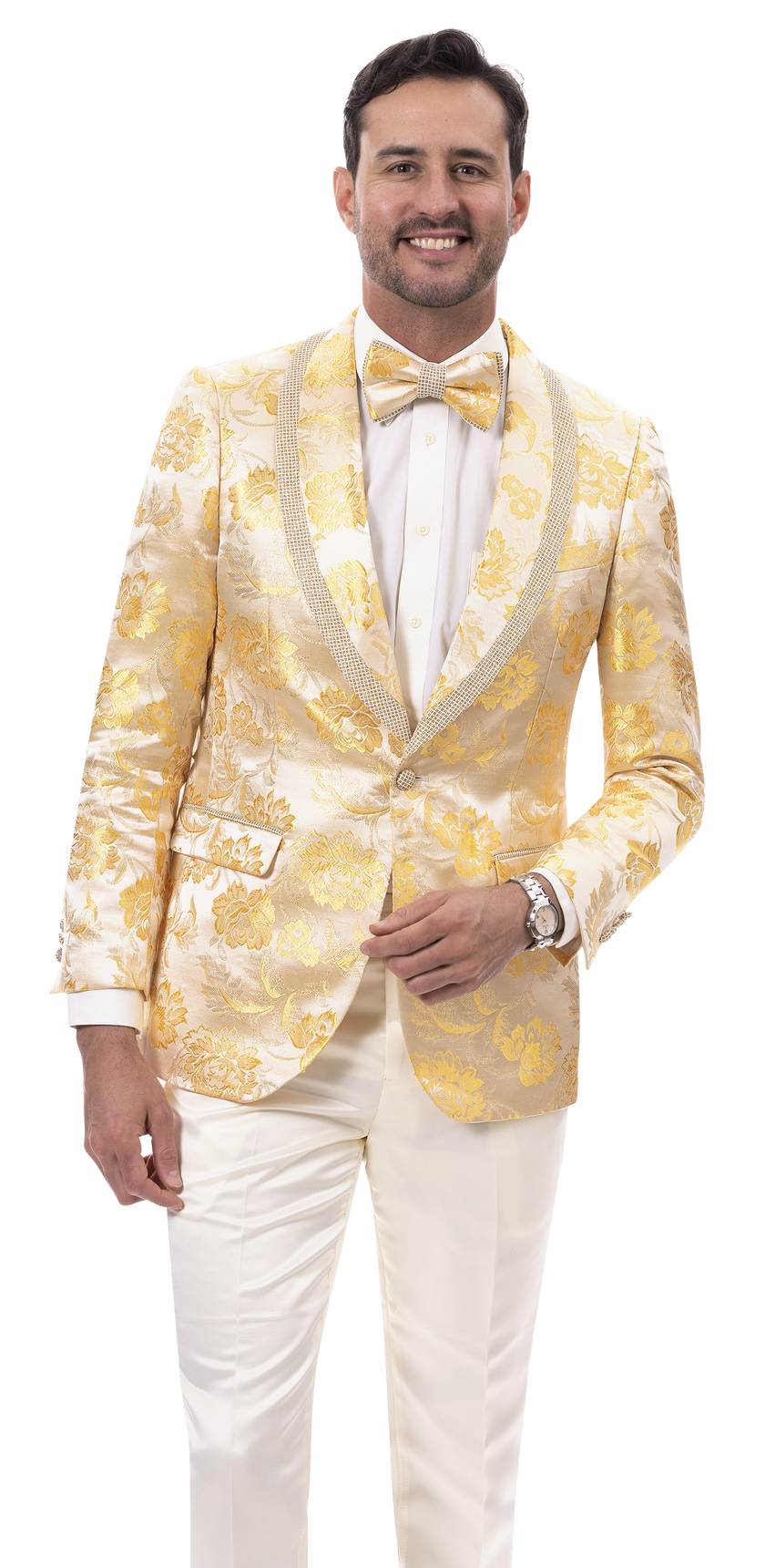 Dressed in the EJ Samuel Yellow Blazer J184, a man with hands clasped exudes charm while fashionably poised.