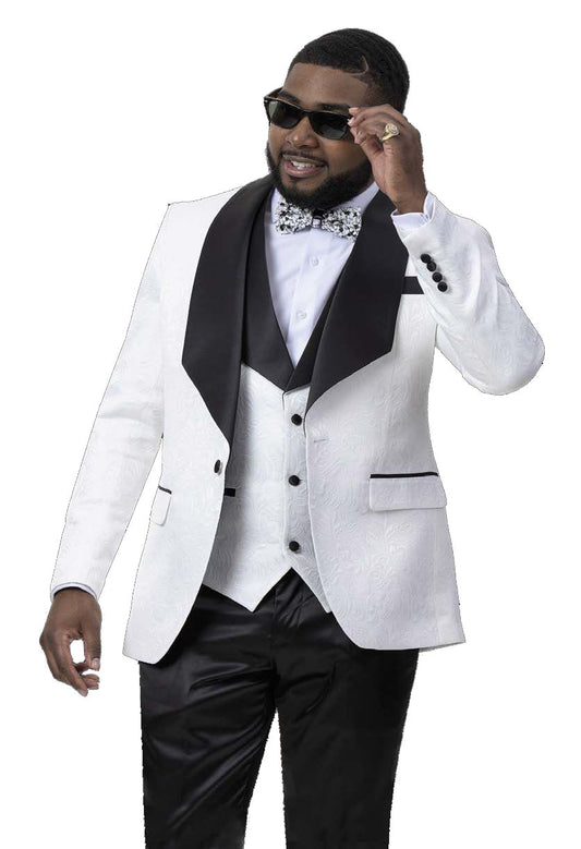 Dressed in the EJ Samuel White/Blk Blazer J64 by EJ SAMUEL, a man with satin lapels and black pants holds sunglasses while smiling.