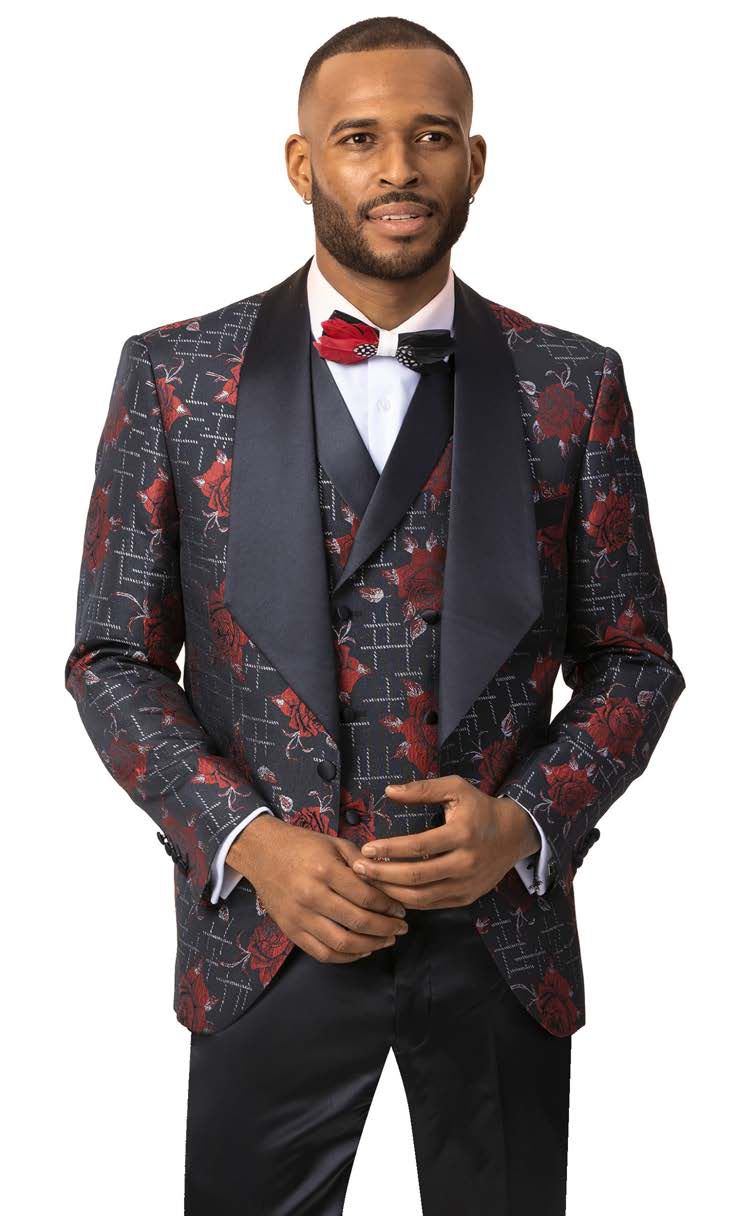 A man wearing the EJ Samuel Black/Red Blazer J85, featuring a contemporary fit and sleek black satin lapels, paired with a red bow tie, perfectly capturing the essence of modern fashion.