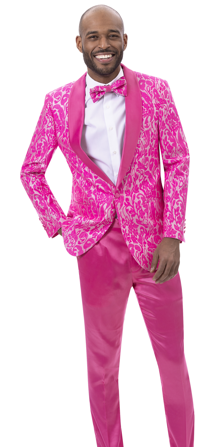 A person wearing the EJ Samuel Pink Suit JP114, complete with a matching bowtie, is smiling.