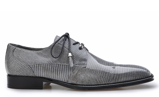 The Belvedere - Karmelo, Genuine Lizard Dress Shoe in gray, featuring black tassel laces, is showcased from a side perspective against a simple white background.