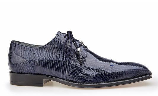 The side view of the Belvedere Karmelo, a sleek dark navy genuine lizard leather oxford shoe featuring black laces and a subtle tassel detail, is set against a white background.