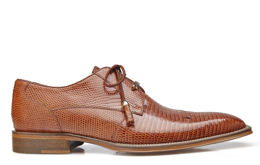 A tan, genuine lizard dress shoe by Belvedere, named Karmelo, showcasing a textured pattern and a lace-up design from the side against a white background, includes a cushion insole for enhanced comfort. Available only in sizes 8.5 and 9.