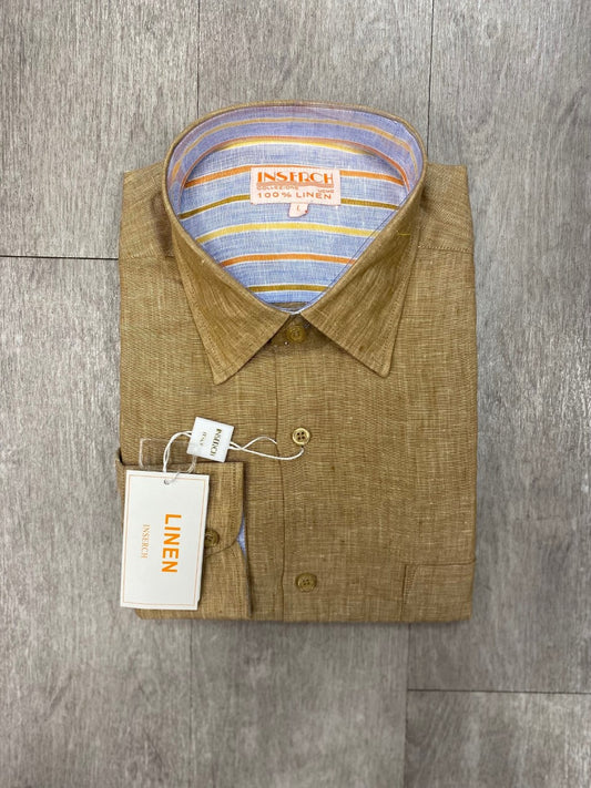 The Inserch Premium Linen Yarn-Dye Solid Long Sleeve Shirt 24116-09 in khaki features a yarn-dye plaid inner collar and contrast trimming, with two tags elegantly displayed on a gray wooden surface.