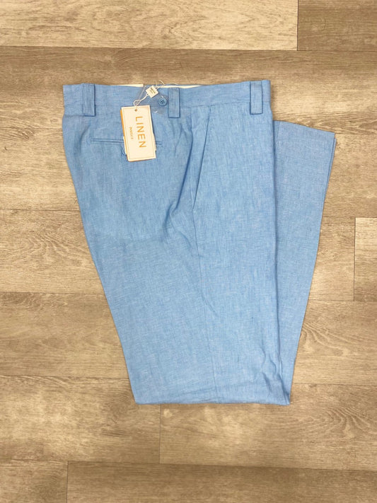 The Inserch Premium Linen Flat Front Pants P3116 in Lake Blue, ideal for a warm-weather ensemble, are folded neatly on a wooden surface with the Inserch tag attached.