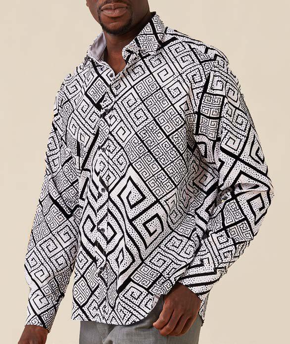 Inserch Print Shirt with Grecian Keys Flocking LS034-41 Black/White