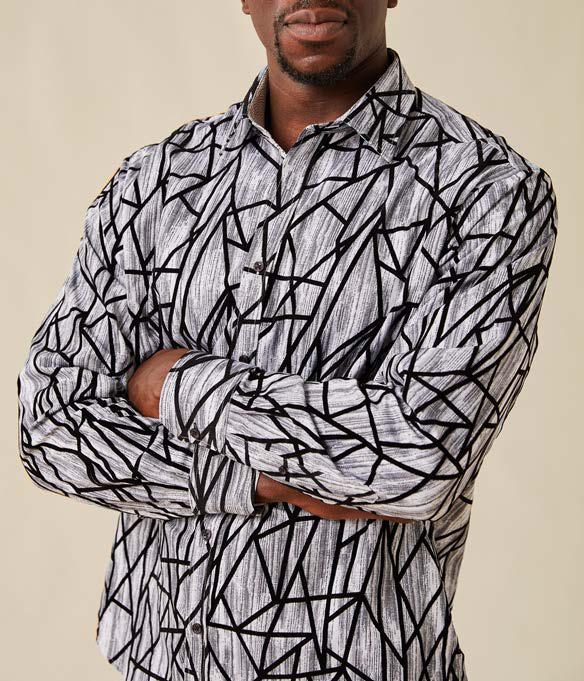Inserch Cotton Blend Distressed Print Shirt with Geometric Flocking LS035-01 Black
