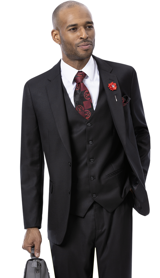 A man wearing the EJ Samuel Black Modern Fit Suit M18022 and a red tie carries a sleek gray briefcase.