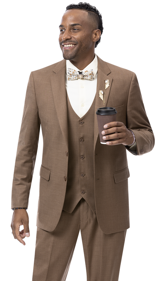 Man in an EJ Samuel Brown Modern Fit Suit M18022, a stylish three-piece set by EJ SAMUEL, holding a coffee cup, smiling and facing left.