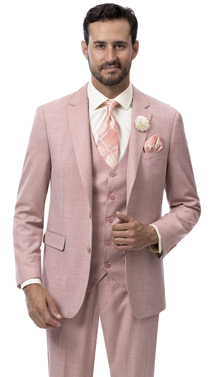 A man is dressed in an EJ Samuel Mauve Modern Fit Suit M18022, complemented by a patterned tie and pocket square.