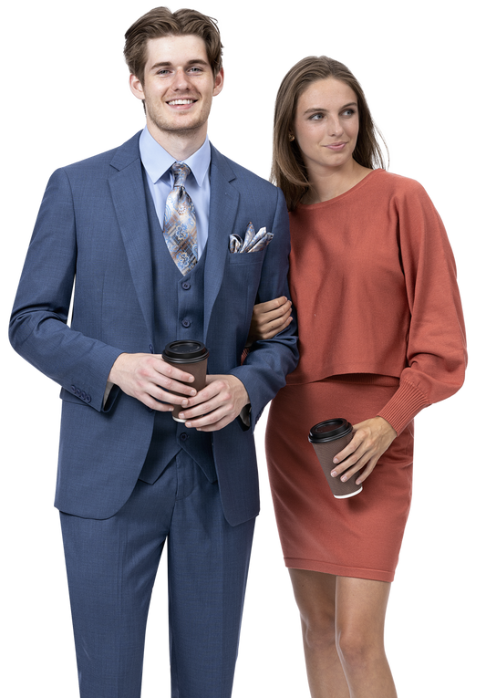 A man in an EJ Samuel Mid Night Modern Fit Suit M18022 and a woman in an orange outfit stand together, each holding coffee cups.