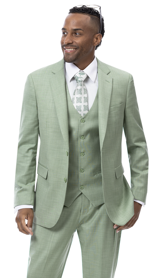 A man wearing the EJ Samuel Moss Modern Fit Suit M18022 in light green, complete with a matching tie and vest, smiling with sunglasses perched on his head.