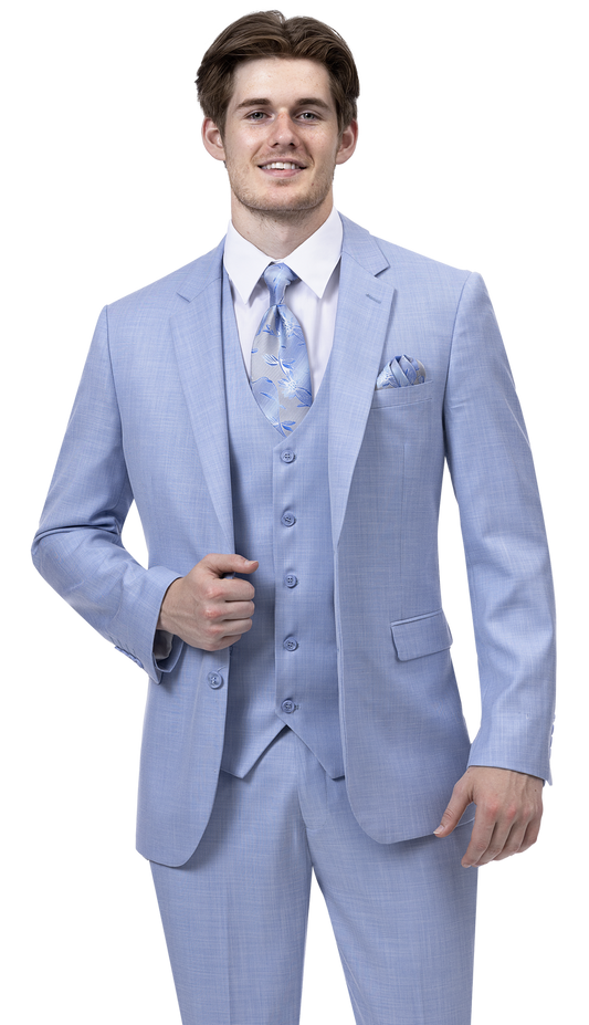 An individual dressed in the EJ Samuel Sky Blue Modern Fit Suit M18022, complemented by a patterned tie and pocket square from EJ SAMUEL, poses against a white backdrop.