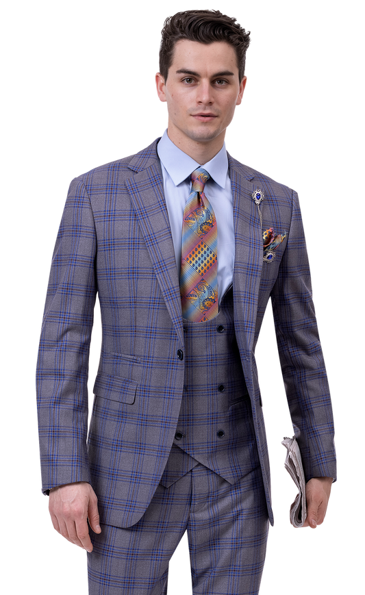 Man in a stylish EJ SAMUEL 3-piece Gray/Blue Suit (Model M2764) with a colorful tie, holding newspapers.