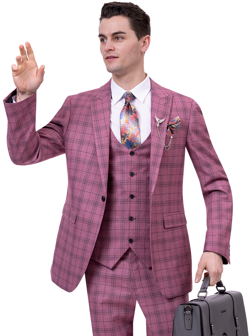 A fashion-forward man in the EJ Samuel Mauve Suit M2765, complemented by a colorful tie, holds a briefcase and raises his hand.