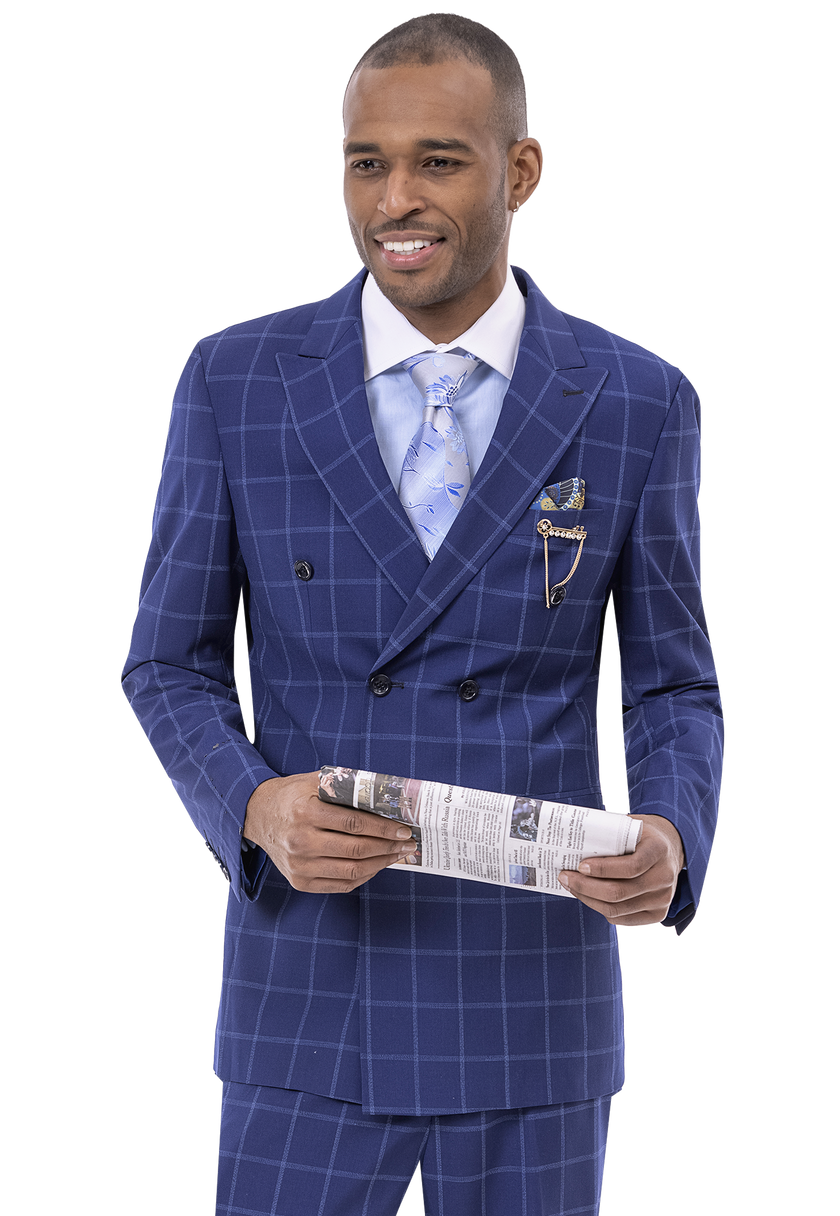 A person in a fashionable EJ Samuel Navy Suit M2769 smiles while holding a newspaper against a white background.