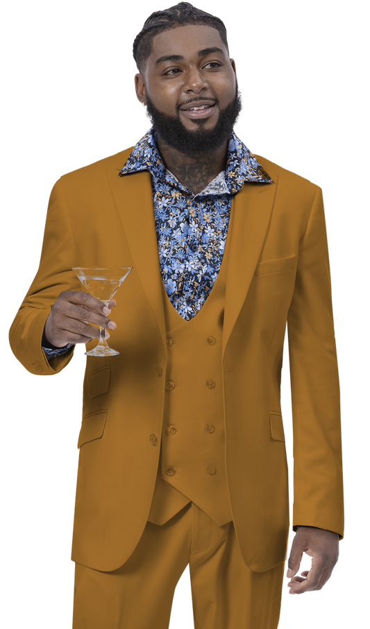 A man in an EJ Samuel Gold Suit M2770 from EJ SAMUEL holds a martini glass, smiling with flair.