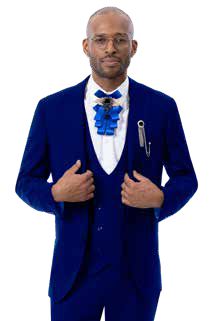 Dressed in an elegant EJ Samuel Midnight Suit M2770 and a ribbon tie, a man stands against a plain white background, confidently holding the jacket of his 3-piece ensemble and wearing glasses.