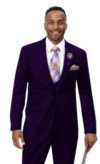 A man wearing the stylish EJ Samuel Purple Suit M2770 by EJ SAMUEL stands smiling, holding an umbrella, showcasing his colorful tie and pocket square.