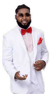 A man dressed in an EJ Samuel White Suit M2770, complete with a luxurious red bow tie and pocket square, along with stylish sunglasses, stands against a pristine white background.