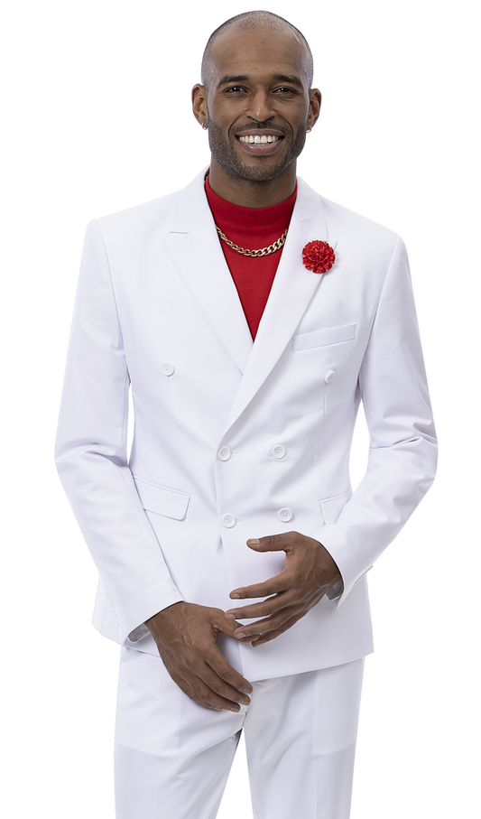 A man in an EJ Samuel White Suit M2772, characterized by its textured fabric and double-breasted design crafted from a poly/rayon/spandex blend, is smiling with hands clasped. He completes the look with a red shirt and a red flower lapel pin.