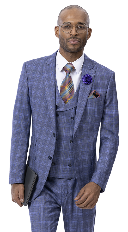 A man confidently holds a tablet, exuding a sense of modern fashion, dressed in the EJ Samuel Purple Suit M2777 by EJ SAMUEL.