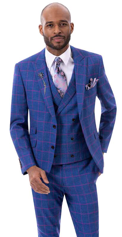 A person dons the EJ Samuel Navy/Pink Suit M2784, along with a patterned tie and pocket square, standing front-facing.