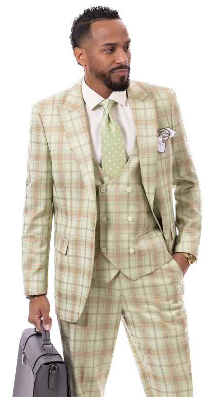 A man dressed in an EJ Samuel Apple Suit M2785, which features a light green plaid design with a coordinating tie and vest, carries a gray briefcase.