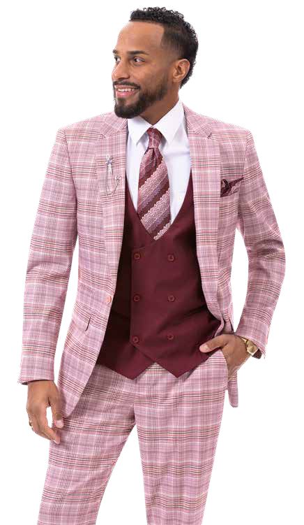 Dressed in the EJ Samuel Burgundy Suit M2787, a man with a burgundy vest and tie smiles while glancing to the side.