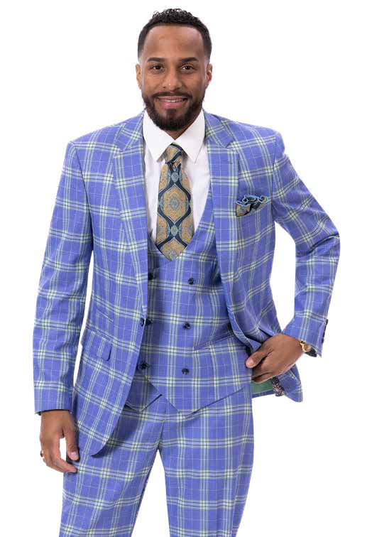 Man in an EJ Samuel M2789 suit featuring blue and green plaid, complemented by a patterned tie, standing and smiling against a white background.