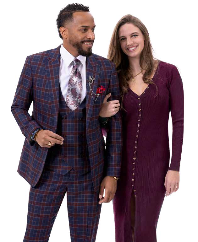 A man in an EJ Samuel Blue/Wine Suit M2791 and a woman in a burgundy dress stand together, smiling.