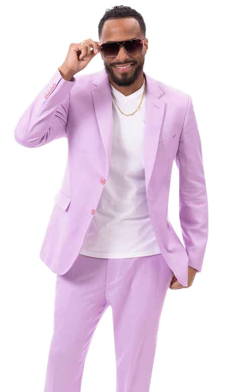 Man in an EJ SAMUEL Lilac Suit M2792 and white T-shirt smiling and adjusting his sunglasses.