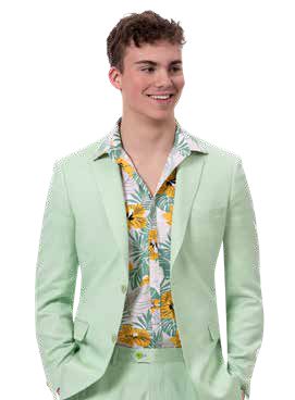 A smiling person wears the EJ Samuel Mint Suit M2792 by EJ SAMUEL, paired with a floral-patterned shirt underneath, standing against a white background.