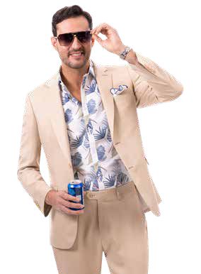 Wearing the EJ Samuel Tan Suit M2792 from EJ SAMUEL paired with a floral shirt, a man holds a beverage can and adjusts his sunglasses while standing against a plain background.